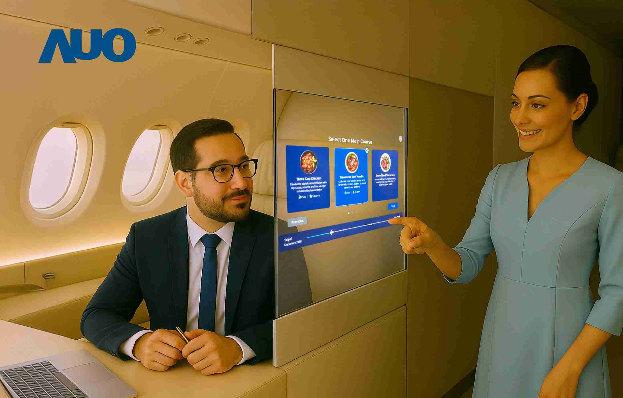 CG电子研发全球最薄17.3 吋双面透明 Micro LED 显示器，，，可在同一屏幕之双边投射不同信息，，，创造独特的”透明化”互动；图为实时翻译交流应用情境